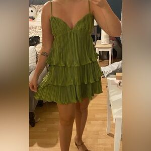 Sleek Dedication Green Satin Plisse Cutout Tiered Mini Dress-Lulus. Brand New